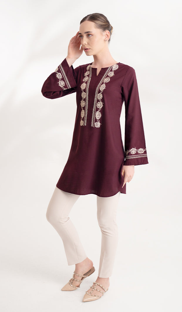 Sefin Embroidered Mostly Cotton Modest Tunic - Maroon/Cream