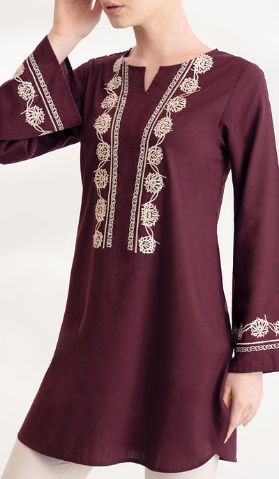 Sefin Embroidered Mostly Cotton Modest Tunic - Maroon/Cream