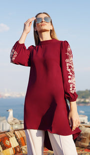 Seher Embroidered Modest Midi Tunic Dress - Maroon - FINAL SALE