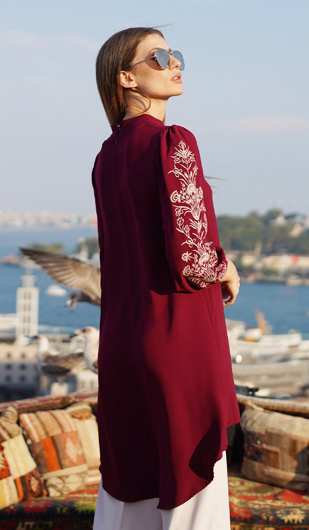 Seher Embroidered Modest Midi Tunic Dress - Maroon - FINAL SALE