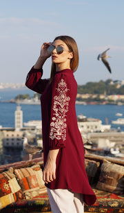 Seher Embroidered Modest Midi Tunic Dress - Maroon - FINAL SALE
