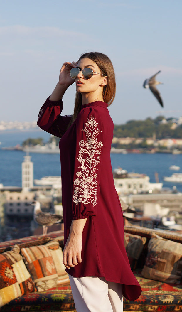 Seher Embroidered Modest Midi Tunic Dress - Maroon - FINAL SALE