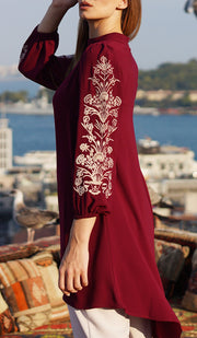 Robe tunique midi modeste brodée Seher - Marron