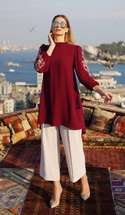 Seher Embroidered Modest Midi Tunic Dress - Maroon - FINAL SALE