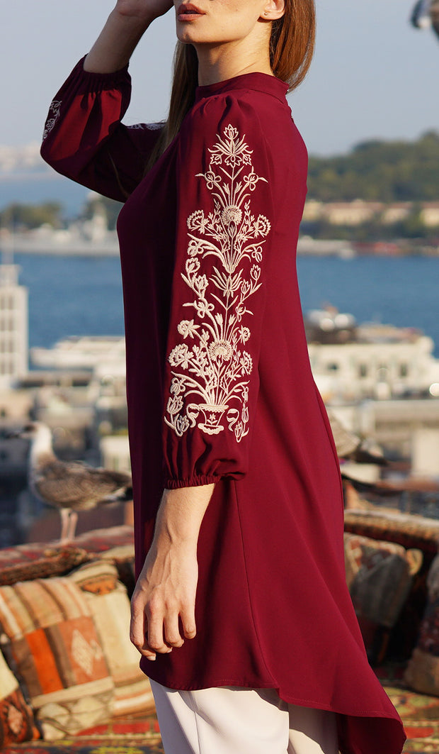 Seher Embroidered Modest Midi Tunic Dress - Maroon - FINAL SALE