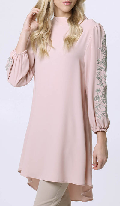 Seher Embroidered Modest Midi Tunic Dress - Blush - FINAL SALE