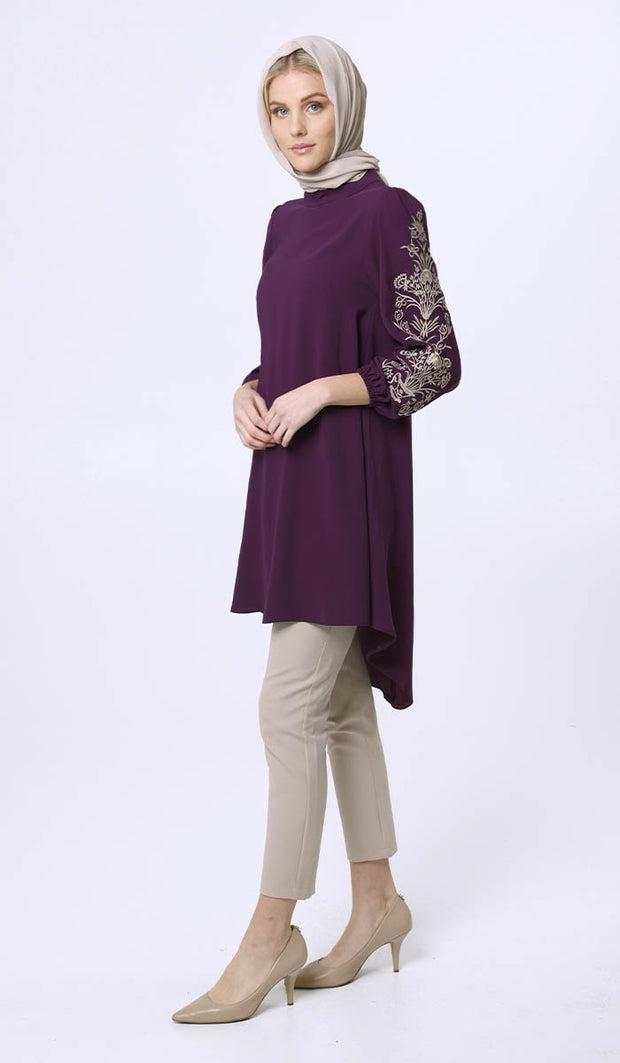 Seher Embroidered Modest Midi Tunic Dress - Violet