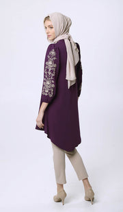 Seher Embroidered Modest Midi Tunic Dress - Violet