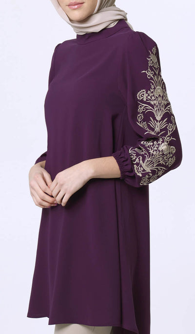 Robe tunique midi modeste brodée Seher - Violet