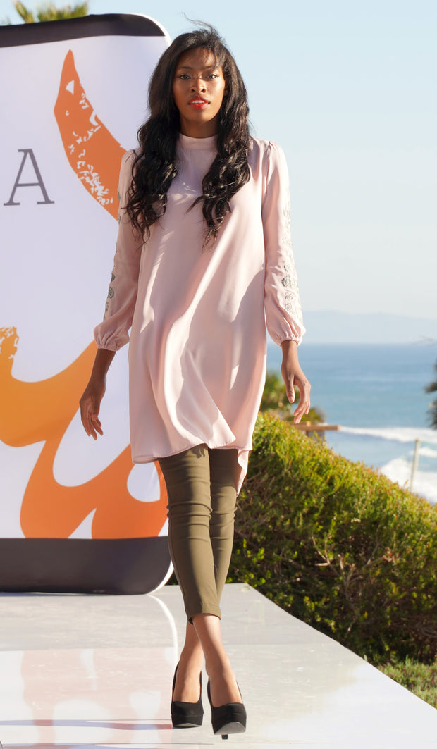 Seher Embroidered Modest Midi Tunic Dress - Blush