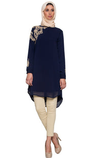 Selena Embroidered Long Modest Muslim Tunic - Navy Blue
