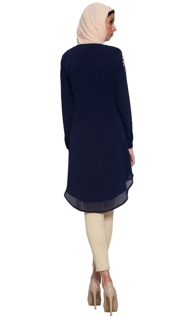 Selena Embroidered Long Modest Muslim Tunic - Navy Blue