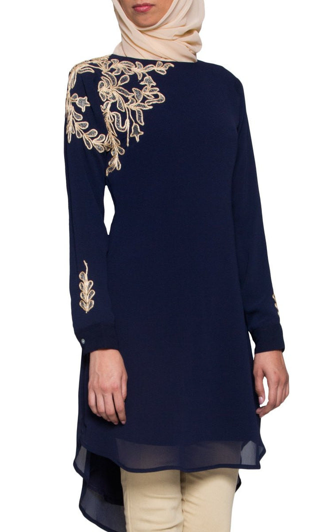 Selena Embroidered Long Modest Muslim Tunic - Navy Blue