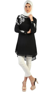 Selena Embroidered Long Modest Tunic - Black