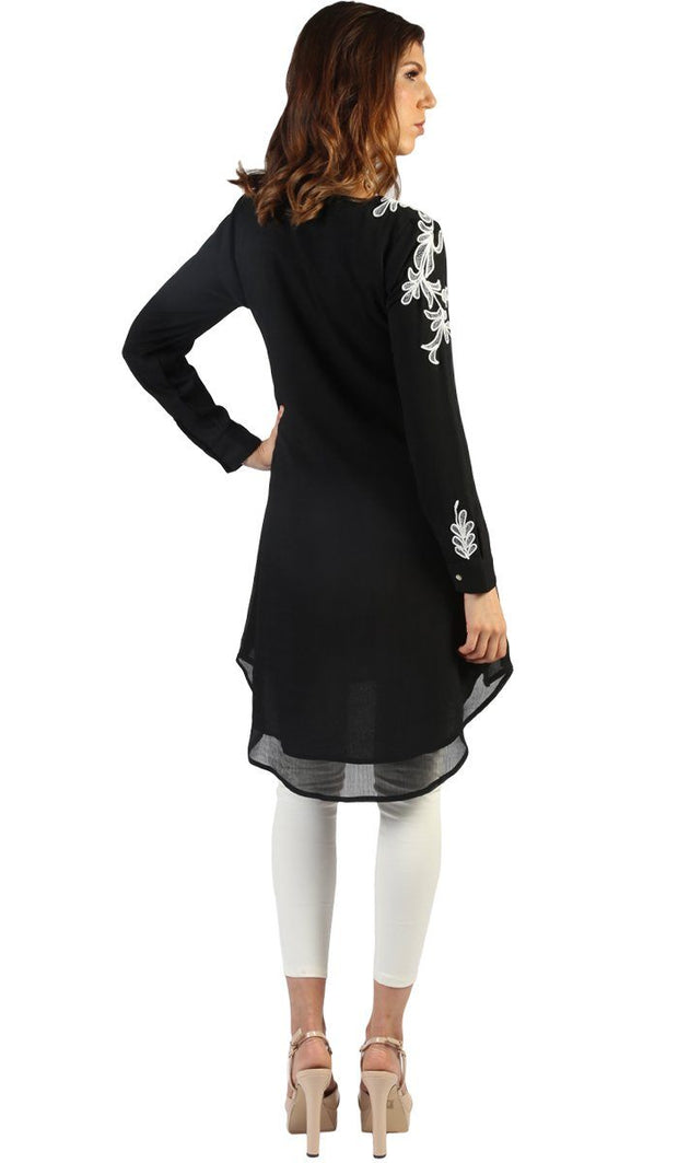 Selena Embroidered Long Modest Tunic - Black