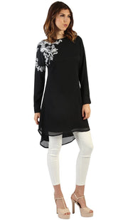 Selena Embroidered Long Modest Tunic - Black