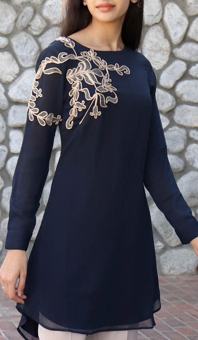 Selena Embroidered Long Modest Tunic - Navy Blue