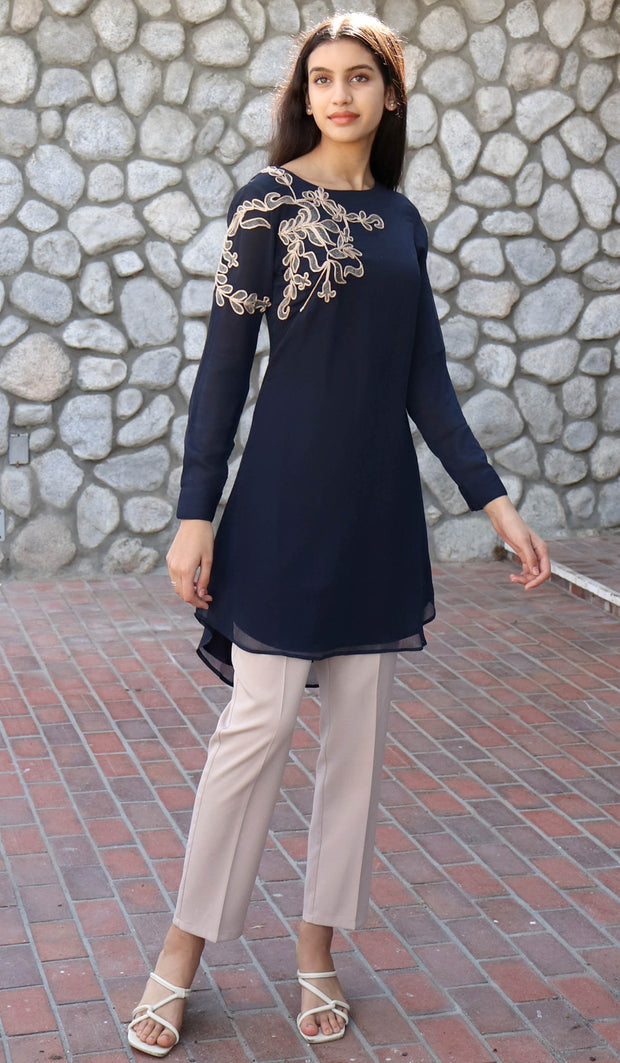 Selena Embroidered Long Modest Tunic - Navy Blue