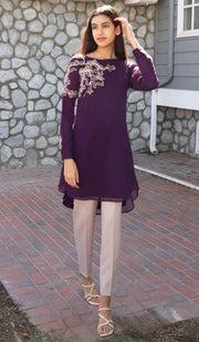 Selena Embroidered Long Modest Tunic - Purple
