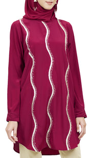 Selmi Embroidered Formal Long Modest Tunic - Maroon