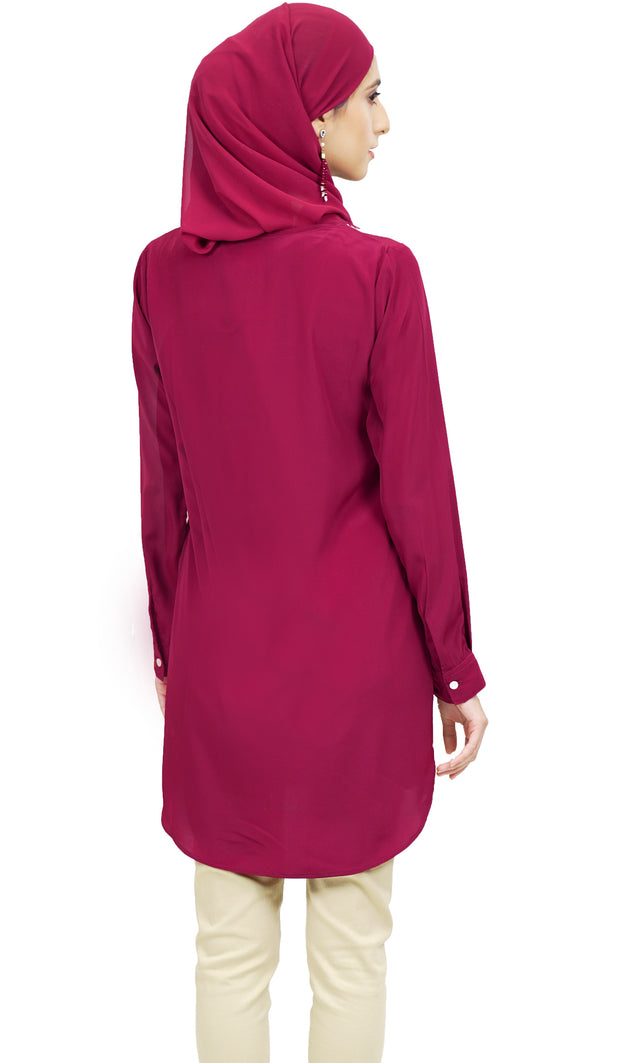 Selmi Embroidered Formal Long Modest Tunic - Maroon