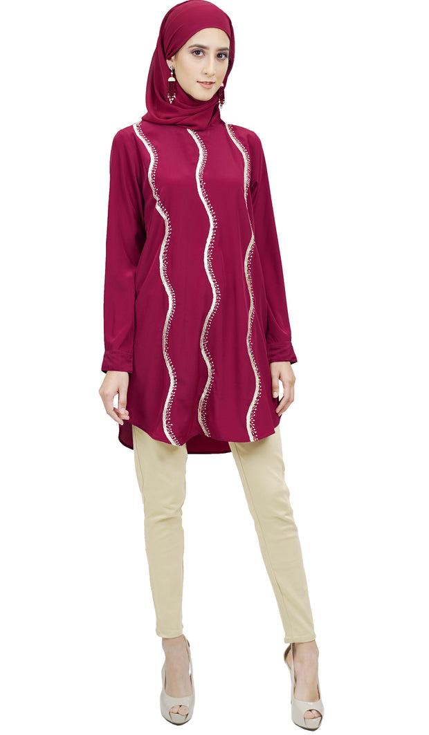 Selmi Embroidered Formal Long Modest Tunic - Maroon