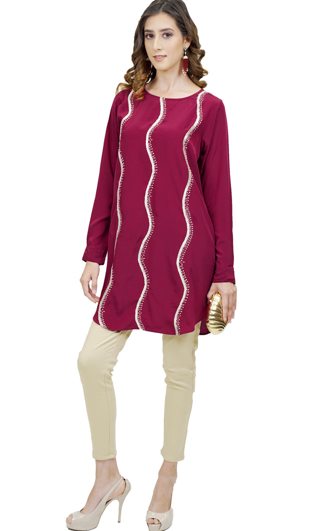 Selmi Embroidered Formal Long Modest Tunic - Maroon