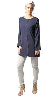 Sera Long Modest Reversible Buttondown Tunic - Navy Blue