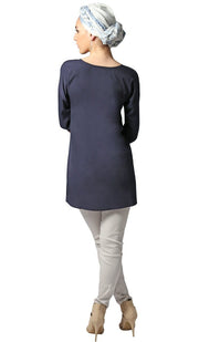 Sera Long Modest Reversible Buttondown Tunic - Navy Blue