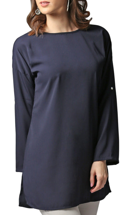 Sera Long Modest Reversible Buttondown Tunic - Navy Blue