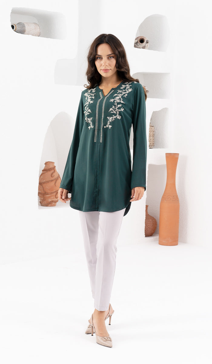 Modesty Tunic Shermin Embroidered Long Modest Tunic - Forest Green | Modest Tunics ...