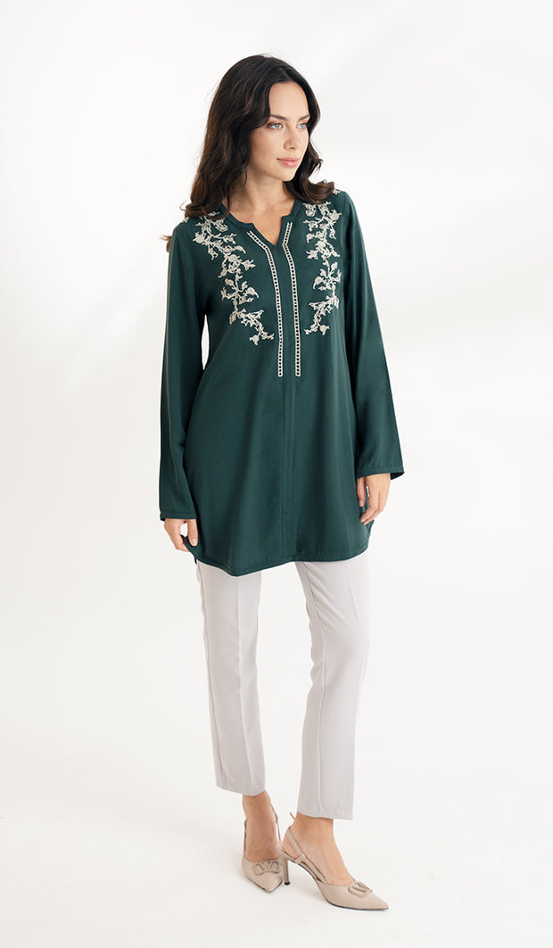 Shermin Embroidered Long Modest Tunic - Forest