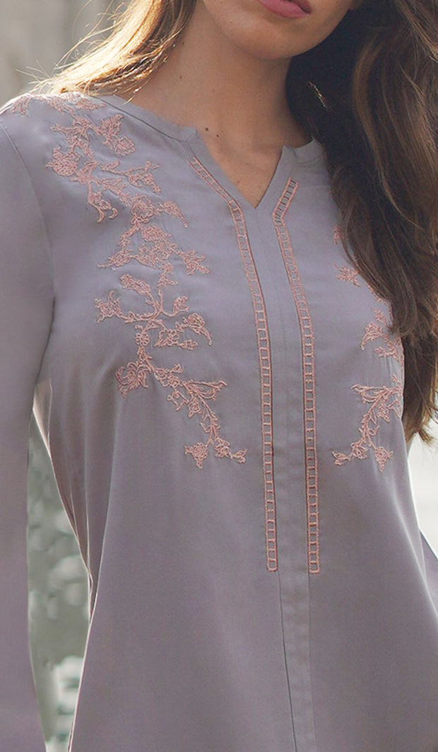 Shermin Embroidered Long Modest Tunic - Pearl