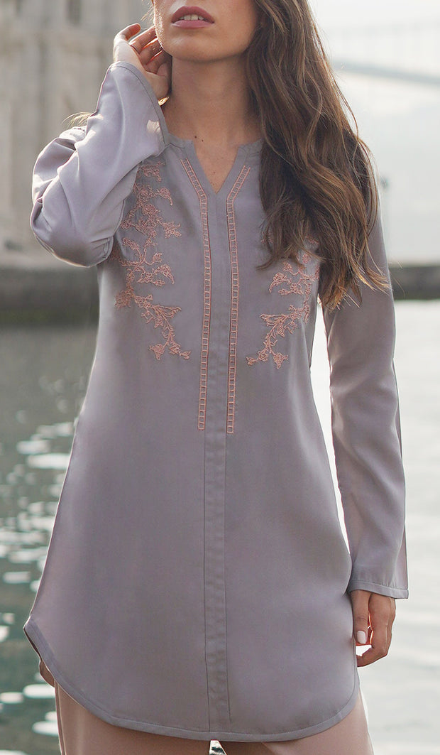 Shermin Embroidered Long Modest Tunic - Pearl
