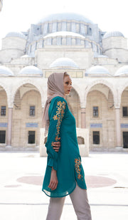Sofia Gold Embellished Long Tunic Dress - Teal