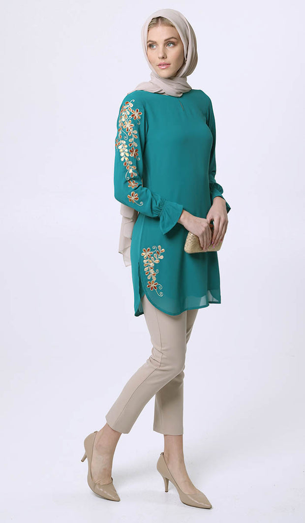 Sofia Gold Embellished Long Tunic Dress - Teal