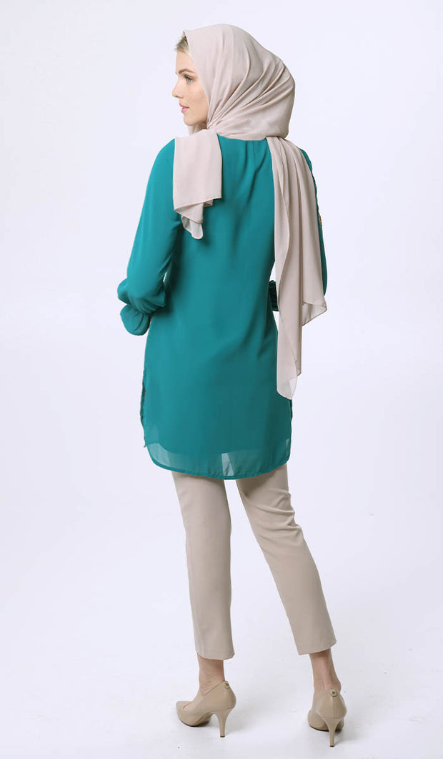 Sofia Gold Embellished Long Tunic Dress - Teal