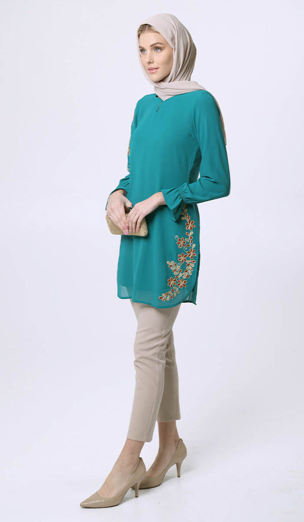 Sofia Gold Embellished Long Tunic Dress - Teal