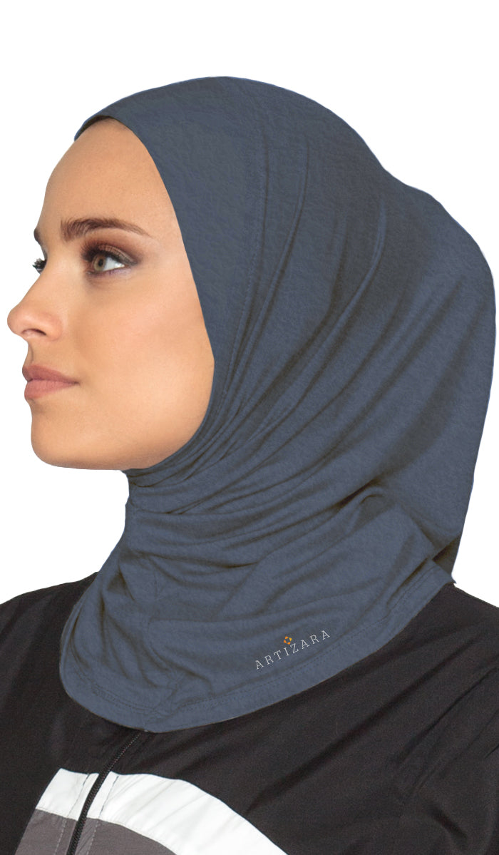 Hijab de sport extensible une pièce - Bleu denim chiné