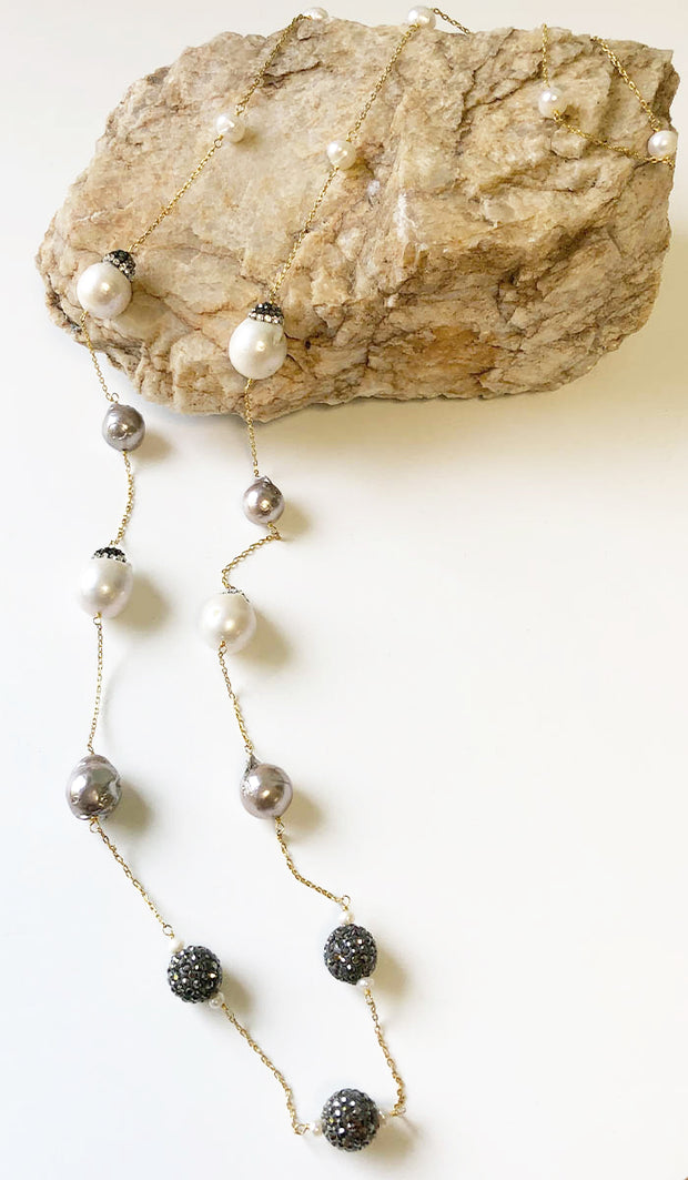 Sautoir en argent sterling plaqué or et perles baroques - Gris, Blanc