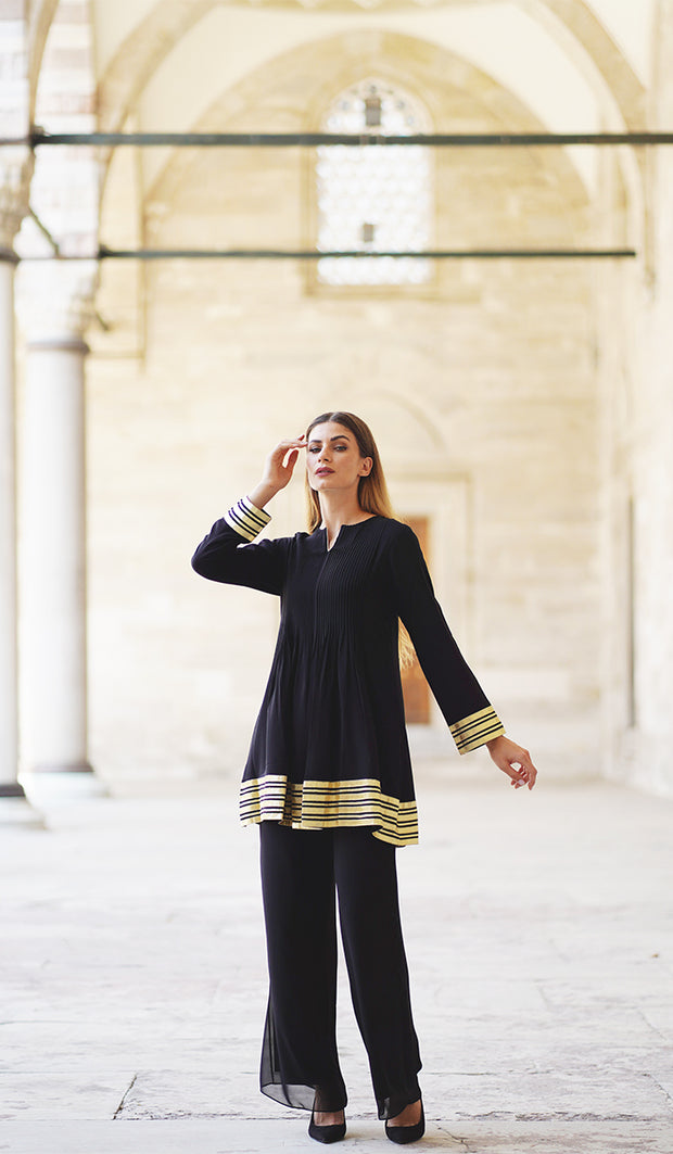 Sultana Gold Embellished Long Modest Tunic - Black