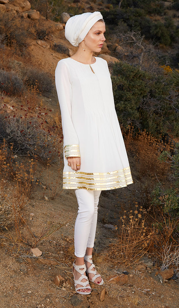 Sultana Gold Embellished Long Modest Tunic - Off White