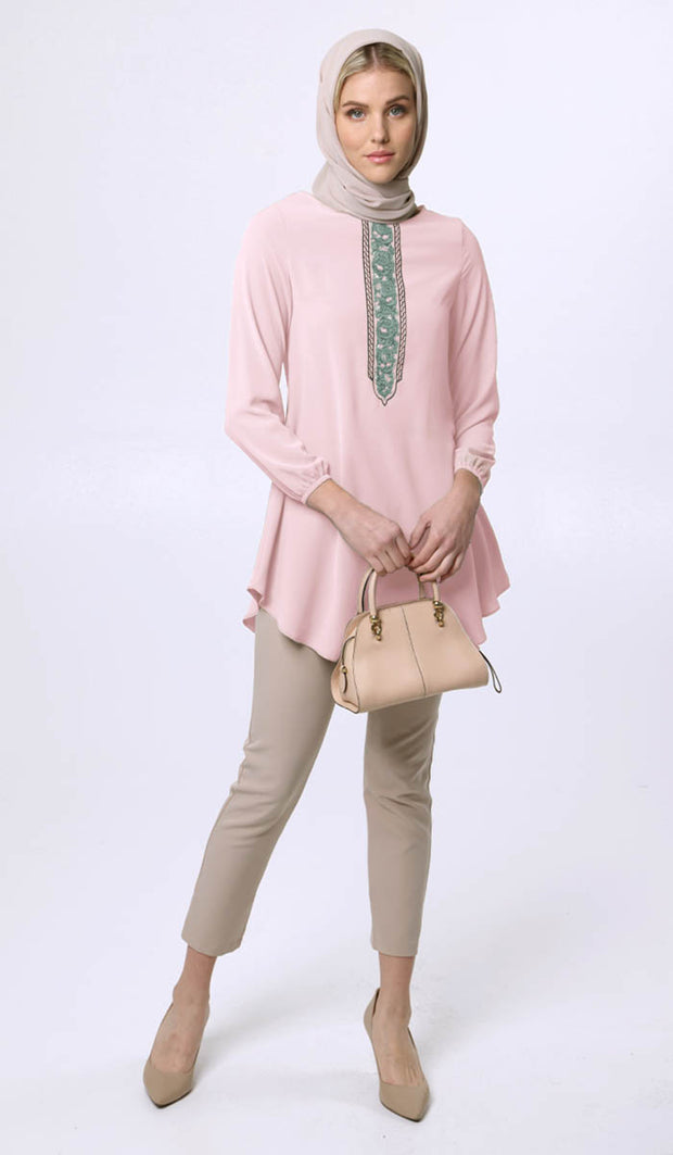 Suroor Embroidered Long Modest Tunic - Dusty Rose