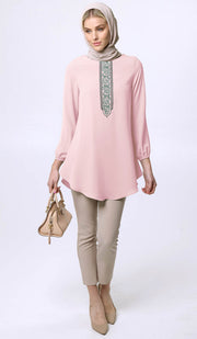 Suroor Embroidered Long Modest Tunic - Dusty Rose