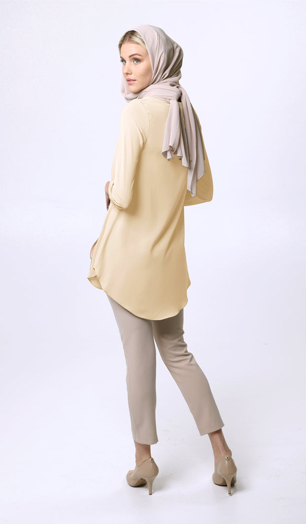 Suroor Embroidered Long Modest Tunic - Custard