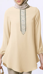 Suroor Embroidered Long Modest Tunic - Custard