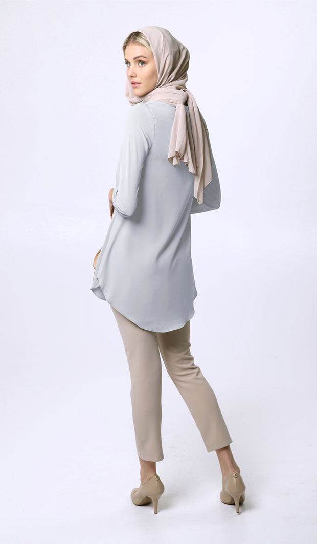 Suroor Embroidered Long Modest Tunic - Silver Mist