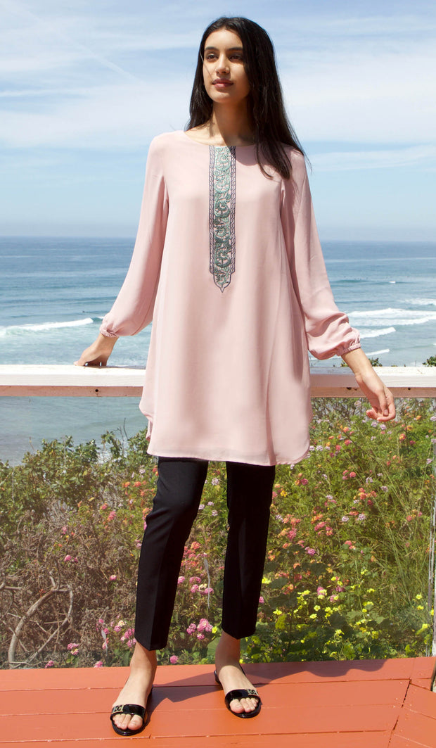 Suroor Embroidered Long Modest Tunic - Dusty Rose