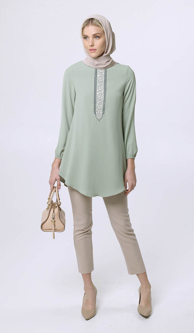 Suroor Embroidered Long Modest Tunic - Sage - Final Sale