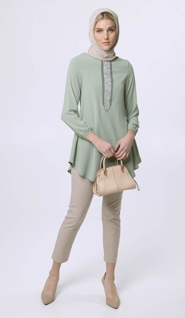 Suroor Embroidered Long Modest Tunic - Sage